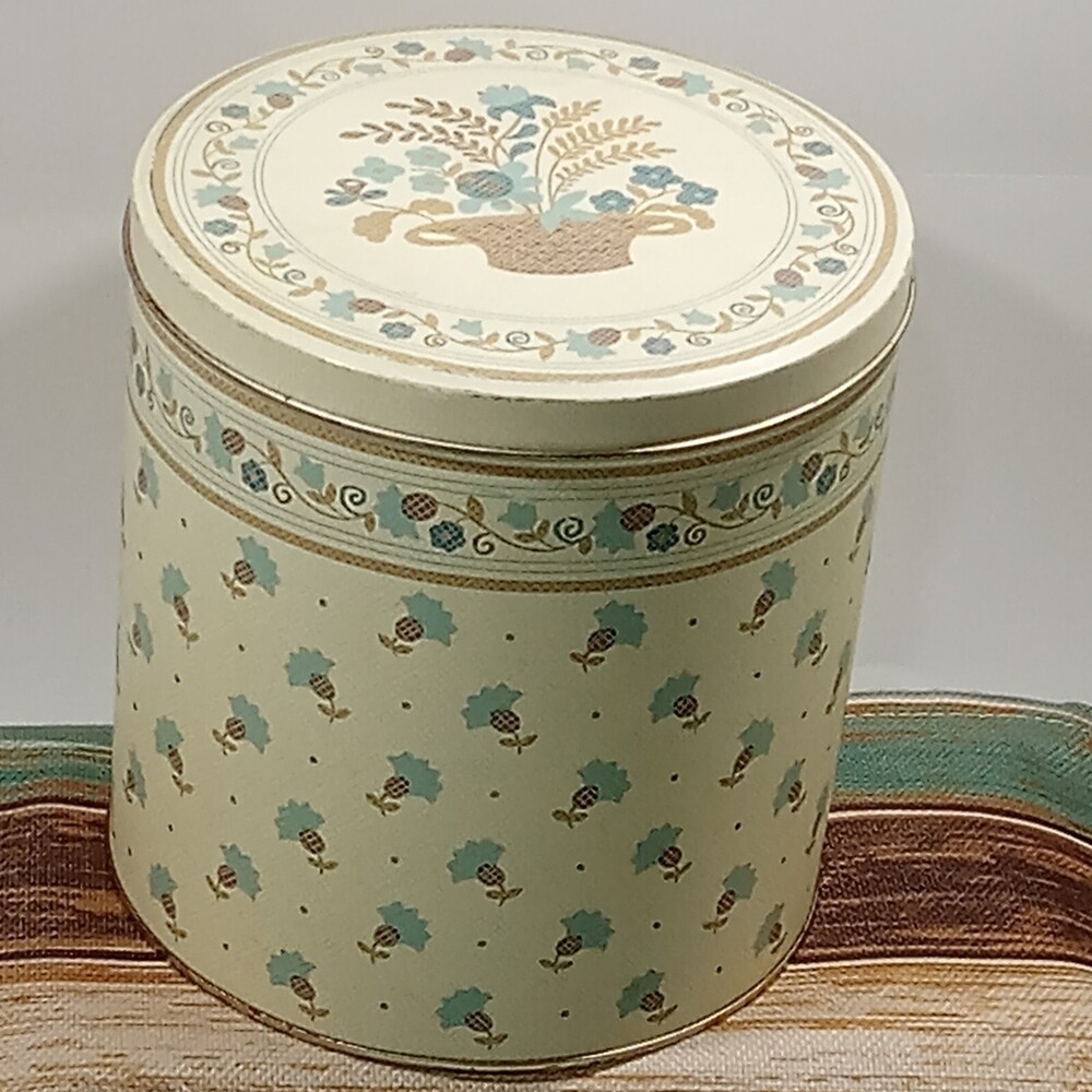 Richard Hoffman CANISTER Tin Floral Basket Blue Brown Pineapple Pattern Country